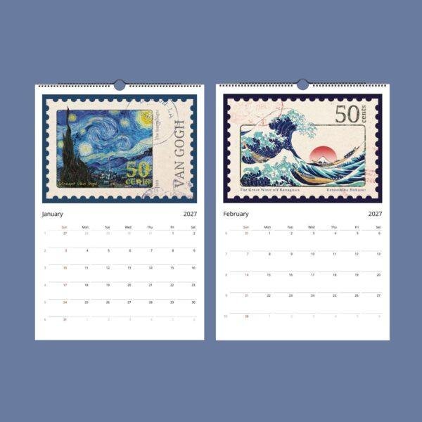 2027 wall calendar featuring Van Gogh and Hokusai postage stamp art