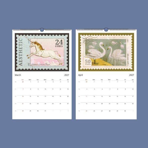 2027 wall calendar with vintage postage stamp illustrations