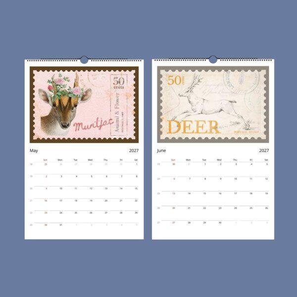 2027 wall calendar May June vintage postage stamp animal art