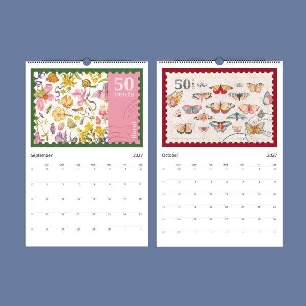 2027 wall calendar with vintage postage stamp artwork