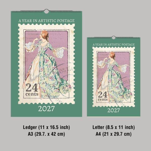 2027 artistic postage stamp wall calendar in two sizes