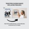 Woman framing a Together We Thrive calendar image on wall