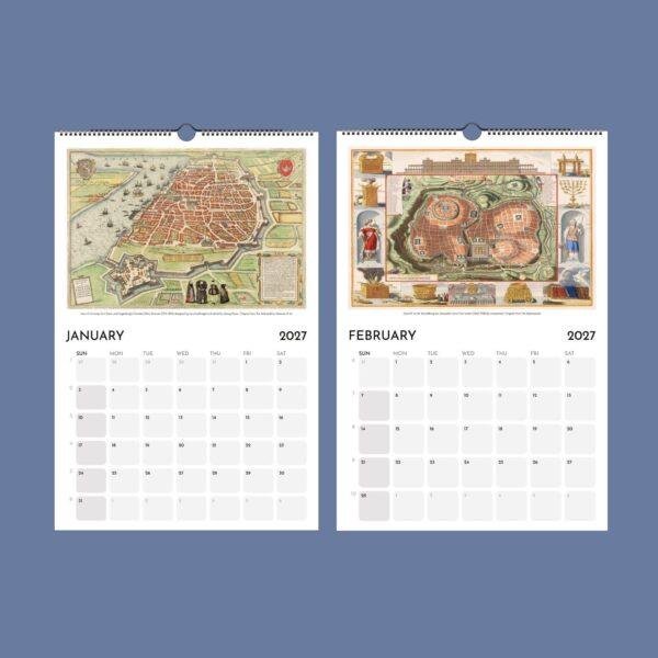 2027 wall calendar featuring historic city maps for January and February