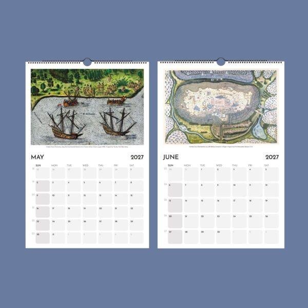 2027 wall calendar showing May and June with historical illustrations