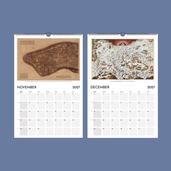 2027 wall calendar showing November and December with vintage maps