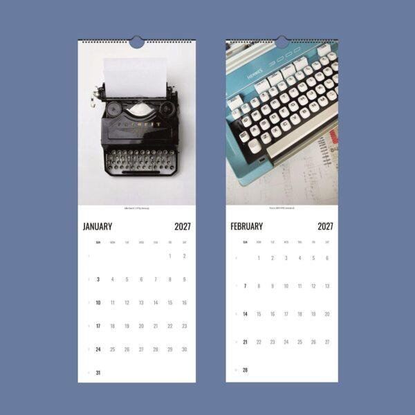 2027 vintage typewriter wall calendar showing January and February