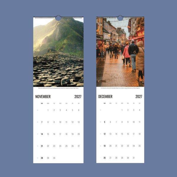 2027 wall calendar showing November and December Ireland scenes