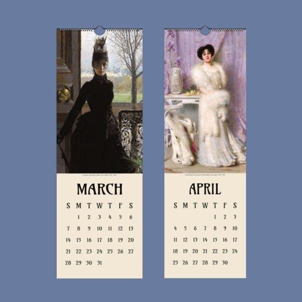 March and April wall calendar pages with Victorian portrait paintings