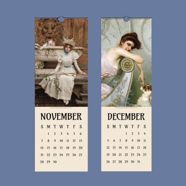 November and December wall calendar pages with Victorian paintings