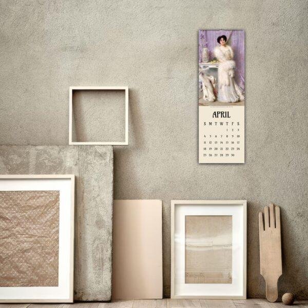 April wall calendar with vintage painting hung on gray wall