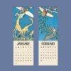 January and February wall calendar pages with vintage whimsical illustrations