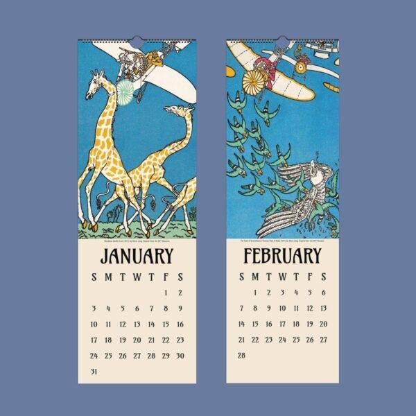 January and February wall calendar pages with vintage whimsical illustrations