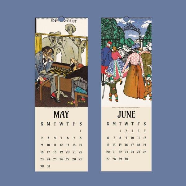May and June wall calendar pages with vintage artwork illustrations
