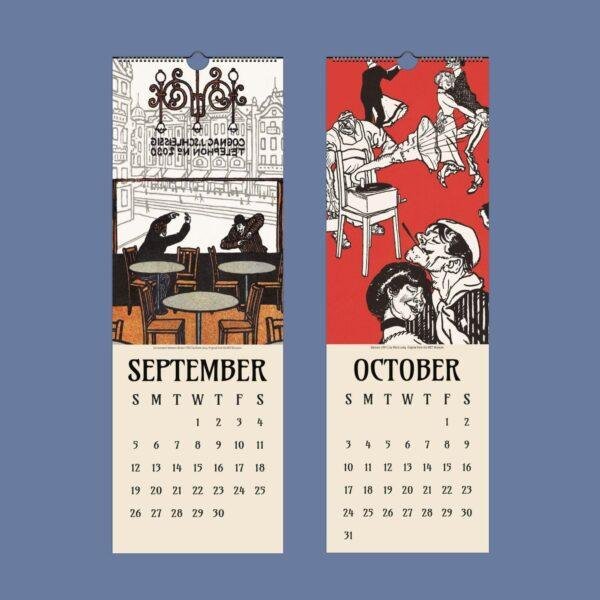 September and October vintage illustrated wall calendar pages