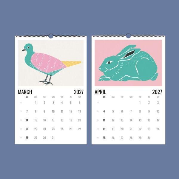 2027 wall calendar showing March bird and April rabbit illustrations