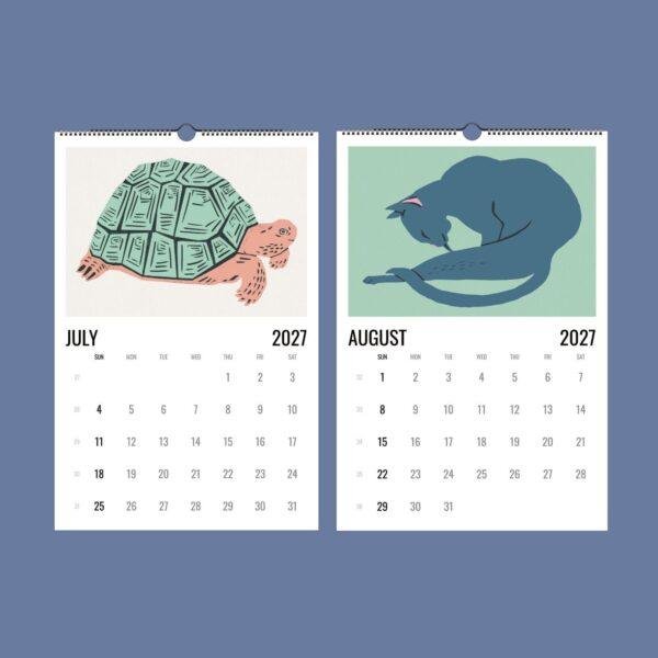 2027 wall calendar showing July turtle and August cat illustrations