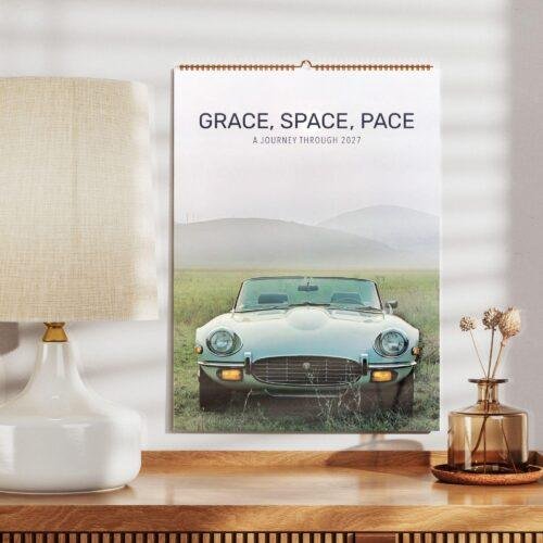 Grace Space Pace 2027 classic car wall calendar on shelf