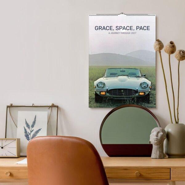 Grace Space Pace 2027 classic car wall calendar above desk