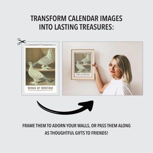 Woman framing vintage pigeon calendar art on wall