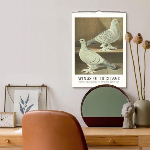 Wings of Heritage vintage pigeon wall calendar hanging above desk