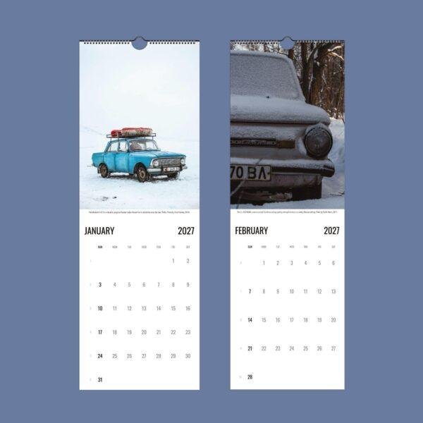 2027 wall calendar featuring vintage Soviet cars in winter