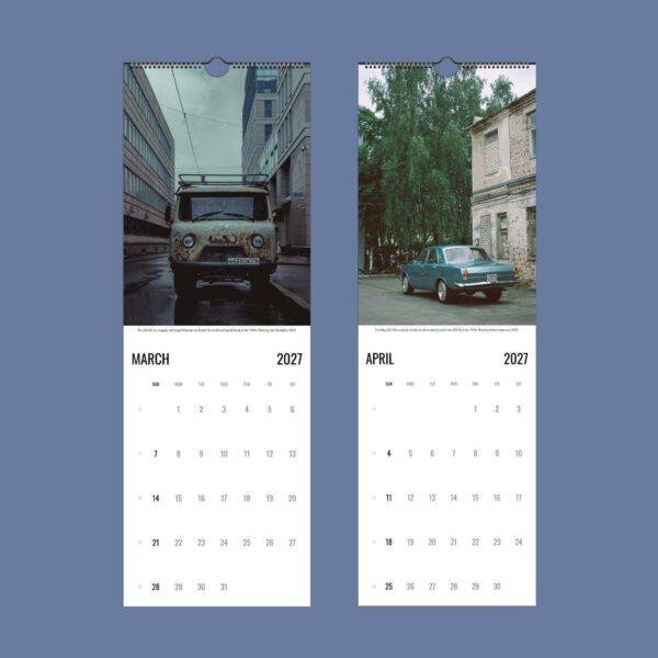 2027 wall calendar featuring vintage Soviet vehicles for March and April