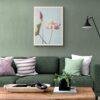 Modern green living room with lotus flower botanical art print