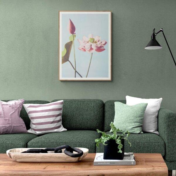 Modern green living room with lotus flower botanical art print