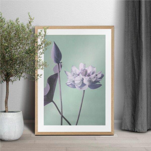Framed lotus flower art print in natural wood frame