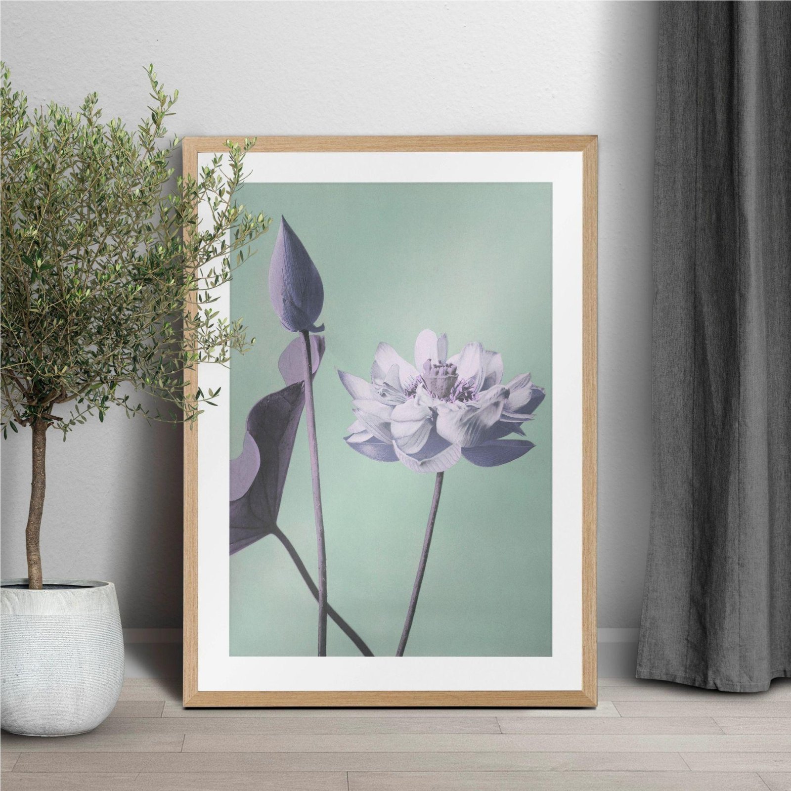 Framed lotus flower art print in natural wood frame