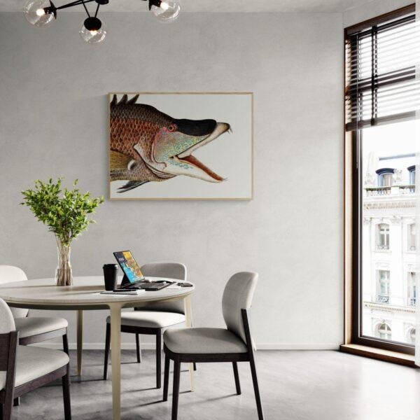 Modern dining room with bold fish artwork above round table