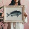 Woman holding framed vintage blue fish illustration
