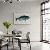 Modern dining room with vintage fish illustration wall art