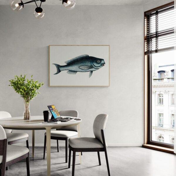 Modern dining room with vintage fish illustration wall art