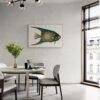 Modern dining room with vintage fish illustration wall art