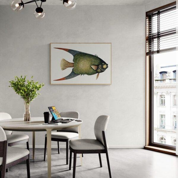 Modern dining room with vintage fish illustration wall art