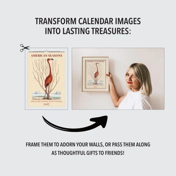 Woman framing American Seasons calendar art on wall