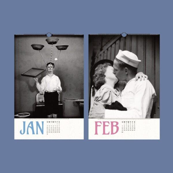 Vintage wall calendar showing January and February months