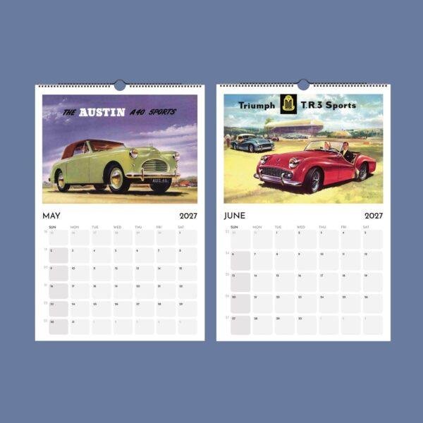 2027 vintage British classic car wall calendar May June
