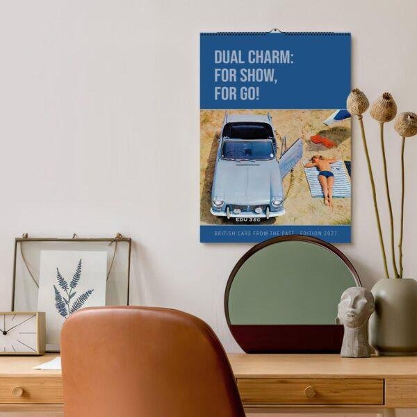 Vintage British cars 2027 wall calendar hanging above stylish desk