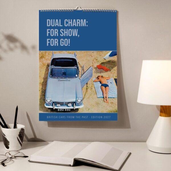 2027 British vintage cars wall calendar hanging above desk