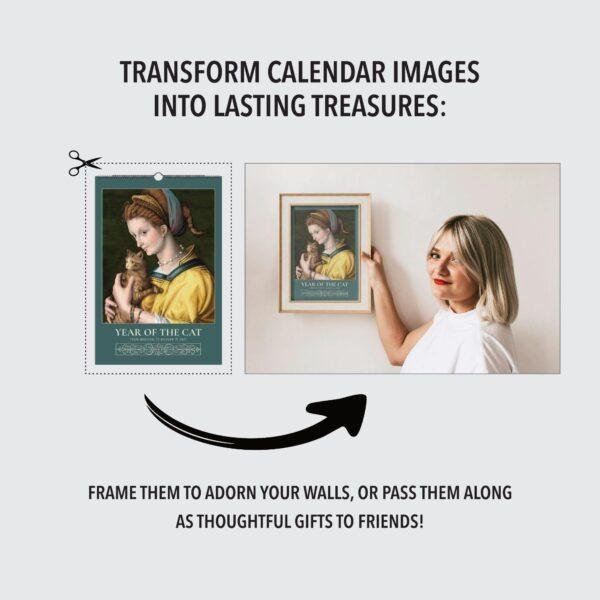 Woman framing Year of the Cat calendar art on wall