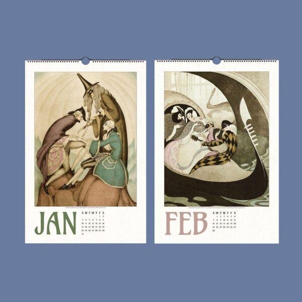 January and February vintage art nouveau wall calendar pages
