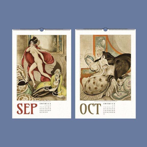 Vintage art nouveau wall calendar showing September and October pages