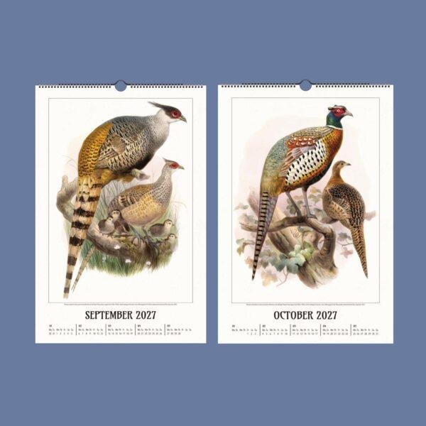 2027 wall calendar featuring vintage pheasant illustrations September October