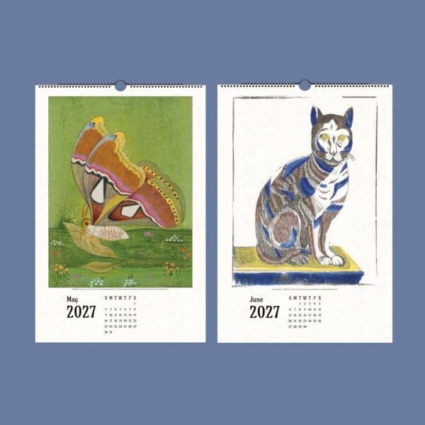2027 wall calendar showing May butterfly and June cat artwork