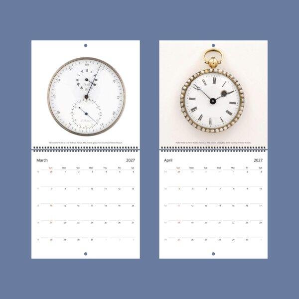 2027 wall calendar featuring antique timepieces March April