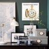 Elegant desk vignette with pocket watch calendar and decor