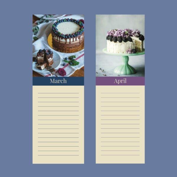 March and April cake-themed decorative notepad pages