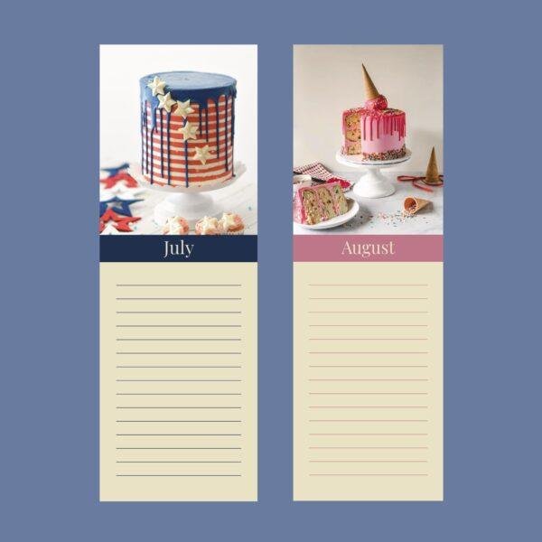 July and August cake calendar pages with decorative cakes